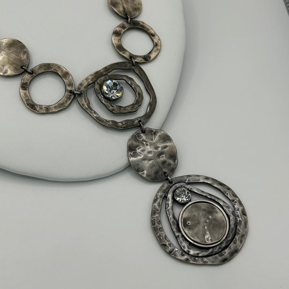 Brutalist Style Hammered Silver-Tone Y Necklace with Crystal Accents